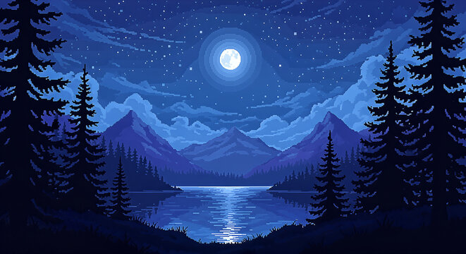 Pixelated Moonlight: Serene Lake Landscape with Mountains and Pine Trees