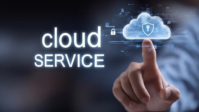 Digital cloud service icon with shield and finger pointing