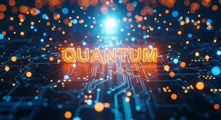 Quantum computing concept with glowing circuits and quantum text, futuristic technology background, artificial intelligence and machine learning