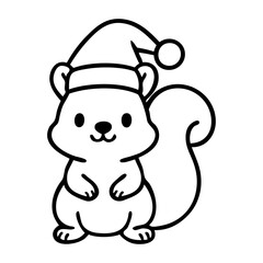 Dibujo sencillo con líneas de ardilla simpática con sombrero de Santa Claus para tarjetas y felicitaciones de Navidad