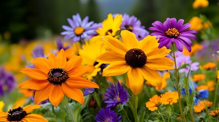Colorful wildflowers bloom in a vibrant garden, displaying shades of orange, yellow, and purple against a blurred green background.