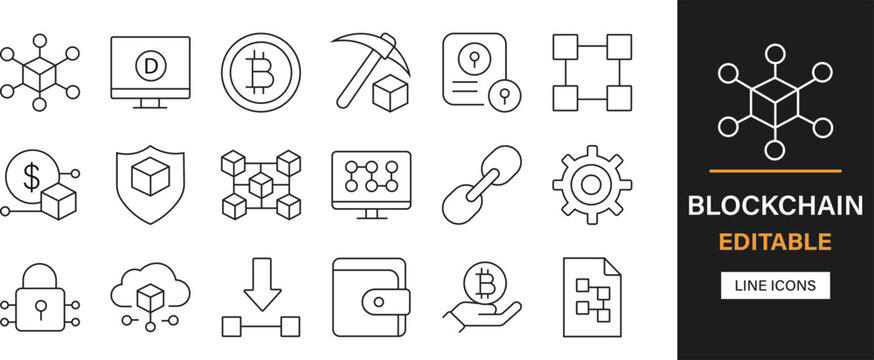 Blockchain editable line icons pack. Digital, technology, cyberspace, software, network, computer, communication, graphic, server, box and more icons.