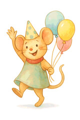 Happy watercolor mouse wearing party hat holding colorful balloons, waving hand isolated illustration.