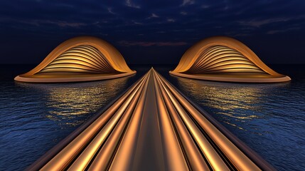 Golden architectural structures on a floating roadway at twilight.