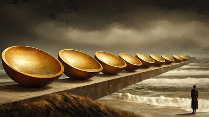 Golden bowls aligned on a coastal structure, a solitary figure observes.