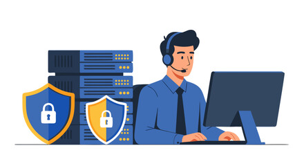 Cybersecurity specialist providing IT support for data protection, a vector illustration concept with a secure server and shield graphic