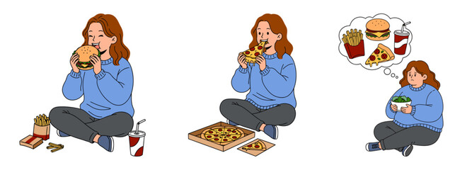 Set of three girls eating a burger, enjoying cheesy pizza, and thinking about fast food while holding a bowl of salad, showing craving, appetite, choice, and food mood. Flat vector illustration