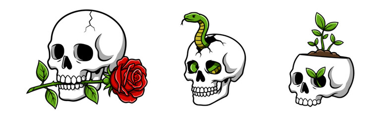 Set of three skull illustrations showing a skull biting a rose, a skull with a snake emerging from the head, and a skull growing plants symbolizing life and death contrast. Flat vector illustration