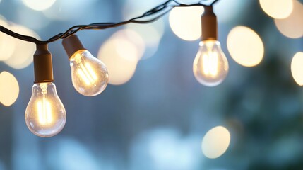 Warm glowing Christmas lights on string creating a festive holiday atmosphere with soft bokeh