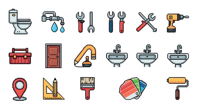 Home improvement and plumbing tools collection in pixel art style