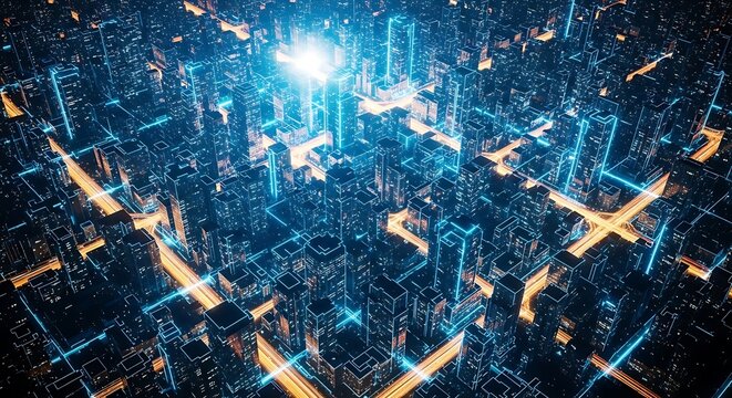 Aerial view of a futuristic city at night with glowing blue and yellow lights, representing a connected and advanced urban landscape