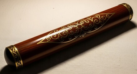 Naklejka premium Elegant Dark Wood Scroll Case with Intricate Golden Filigree Design.