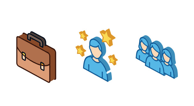 Isometric business concepts: briefcase, expertise, teamwork