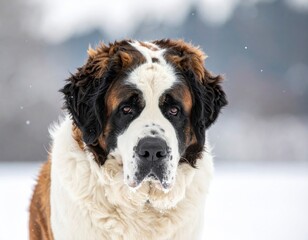 Saint Bernard Dog Portrait in Winter Snow Landscape.