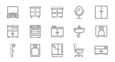 Linear furniture and appliance icons set for home interiors design