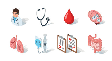 Isometric medical icons: doctor, stethoscope, organs, and tools