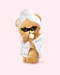 cute girly bear doll in bath robe and sunglasses vector illustration