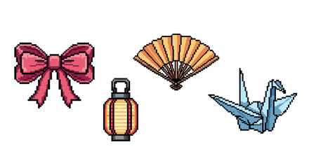 Obraz premium Pixel art japanese culture icons: bow, fan, lantern, origami crane