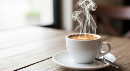 Fototapeta premium A steaming cup of coffee sitting on a saucer with a spoon on a wooden table in a bright setting