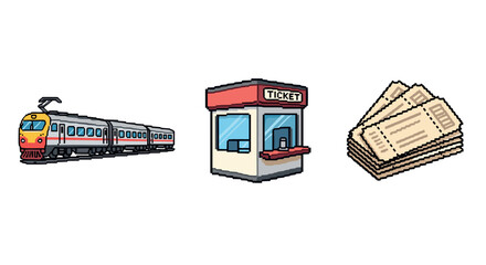 Retro pixel art train, ticket booth, and tickets in nostalgic style