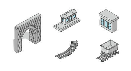 Fototapeta premium Isometric railroad elements featuring tunnel, track, and mining cart
