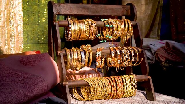 Slow motion shot of cultural handmade jewelers for ladies of Pakistan