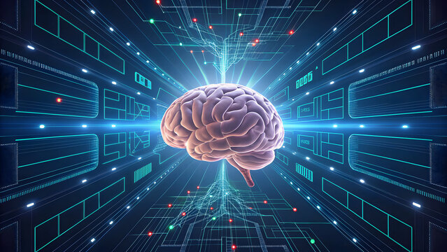 Human brain glowing with digital energy in futuristic technology background