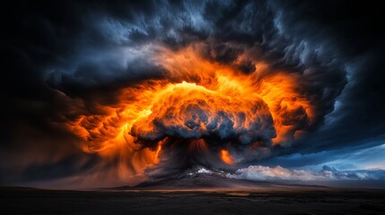 Fototapeta premium Dramatic storm clouds gather with intense orange glow above dark landscape, suggesting a powerful atmospheric event.