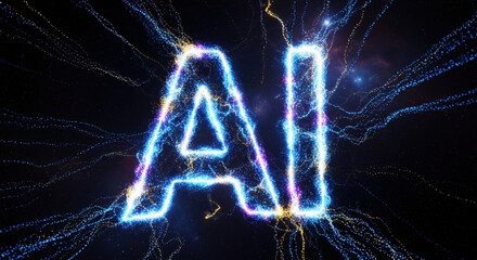 Futuristic AI text glowing with electric plasma energy. Automated machine learning technology representing innovation and future of data processing and networking