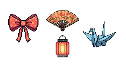 Obraz premium Pixel art collection: traditional asian symbols with bow, fan, lantern, and crane