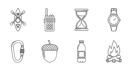 Linear icons of outdoor adventure elements featuring camping, kayaking, and more