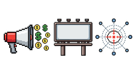 Retro pixel art concepts: advertising and targeting with loudspeaker, billboard, and network crosshair
