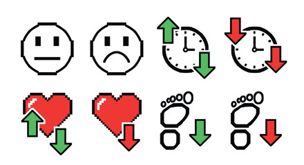 Retro pixel art collection with arrows and time symbols
