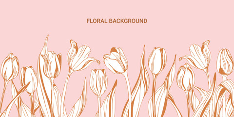 Spring background with floral tulip. Hand drawn line art graphic design for banner, card, decoration, poster