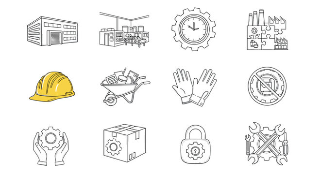 Line art icons of industrial safety and efficiency tools