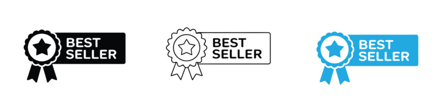 Best seller icon badge set vector illustration. Bestseller logo label tag design template for top sales,  sticker with ribbon, stars and best seller isolated vector.