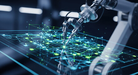 Advanced automated machine arm working with digital network an excellent example of machine learning and artificial intelligence technology in modern factory setting