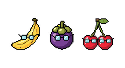 Pixel art fruits with sunglasses: banana, mangosteen, and cherries
