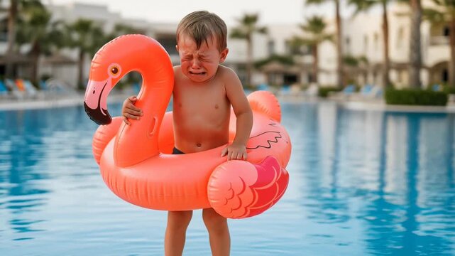 Upset boy with flamingo circle standing near outdoor swimming pool, kid upset and crying afraid of water and fear of swimming