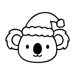 Dibujo sencillo con líneas de cabeza de koala simpático con sombrero de Santa Claus para tarjetas y felicitaciones de Navidad