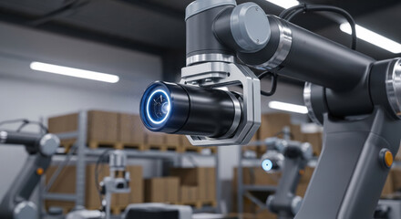 Automated robotic arm with surveillance camera applies machine learning for precision in modern industrial warehouse. Technology for future logistics and production