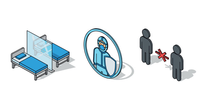 Isometric healthcare illustration showing social distancing and medical safety measures
