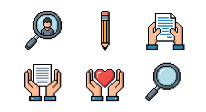 Retro pixel art icons – magnifying glass, pencil, hands holding papers and heart
