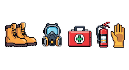 Pixel art safety gear: boots, mask, first aid, fire extinguisher, gloves