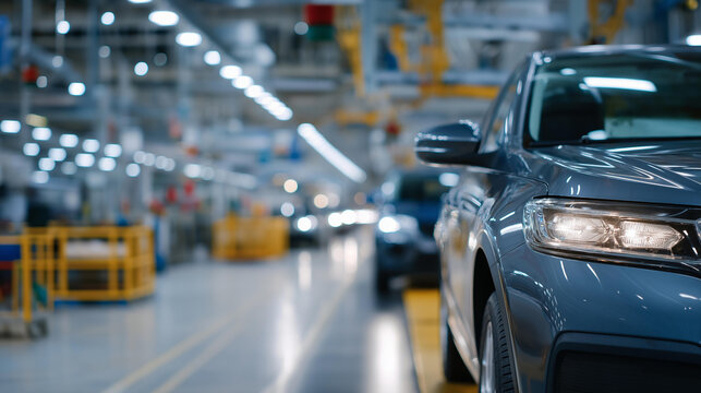 A brightly lit automotive factory floor where AGVs deliver engine components to assembly stations, reducing downtime and keeping production lines flowing — lean manufacturing, just-in-time