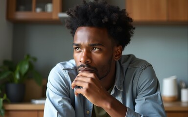 Thinking pensive deep thoughts African American guy sad thoughtful business man male freelancer student think problem studying at kitchen difficult trouble solution home education brainstorm doubt