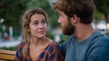 Fototapeta premium A couple reacting emotionally during a quiet conversation on a park bench, one person’s eyes welling up as the other reaches out — relationship vulnerability, emotional honesty, and human