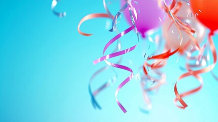 A vibrant celebration scene with colorful streamers and balloons suspended against a clear blue sky, evoking a sense of joy and festivity.