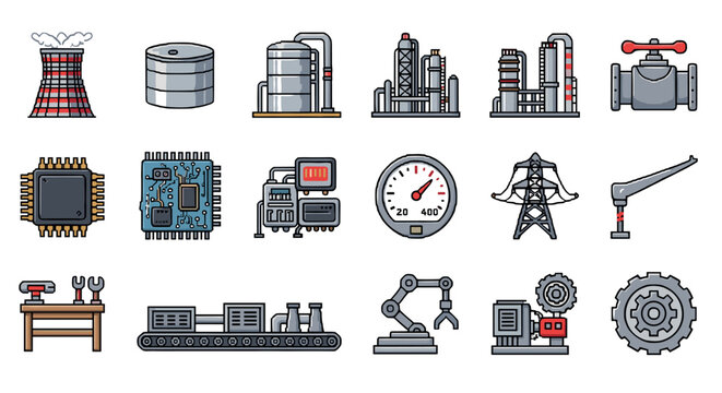 Industrial icons set featuring factories, machines, and tools in pixel art style