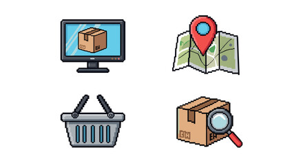 Pixel art e-commerce icons: shopping, delivery, and navigation